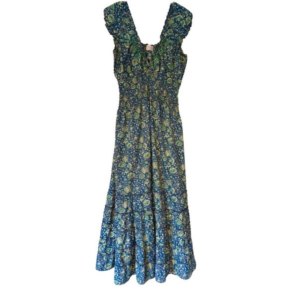 Just Cruising Dresses & Skirts - Blue and Green Ruched Smocked Maxi Sundress